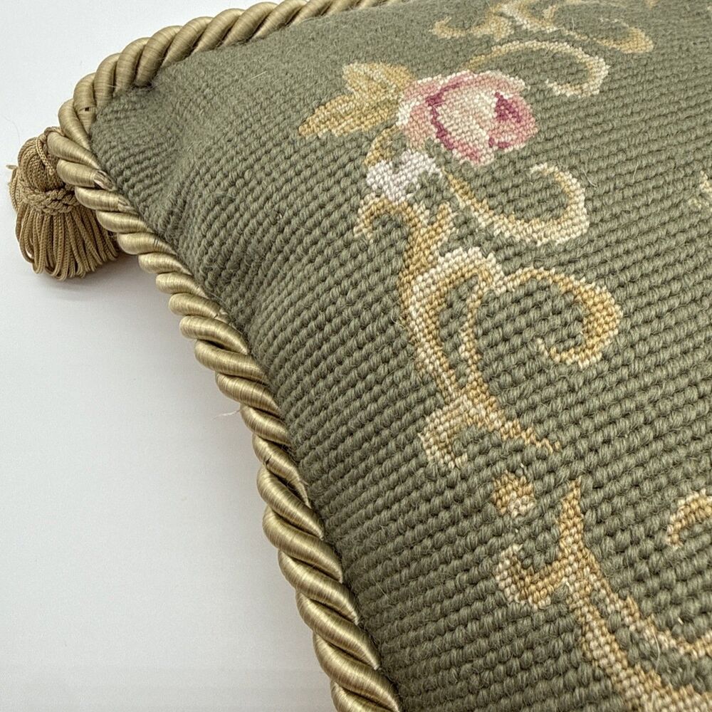 Vintage Petit Point Needlepoint Floral Throw Pillow Tassels Green  11.5 X 11.5” - Picture 11 of 12
